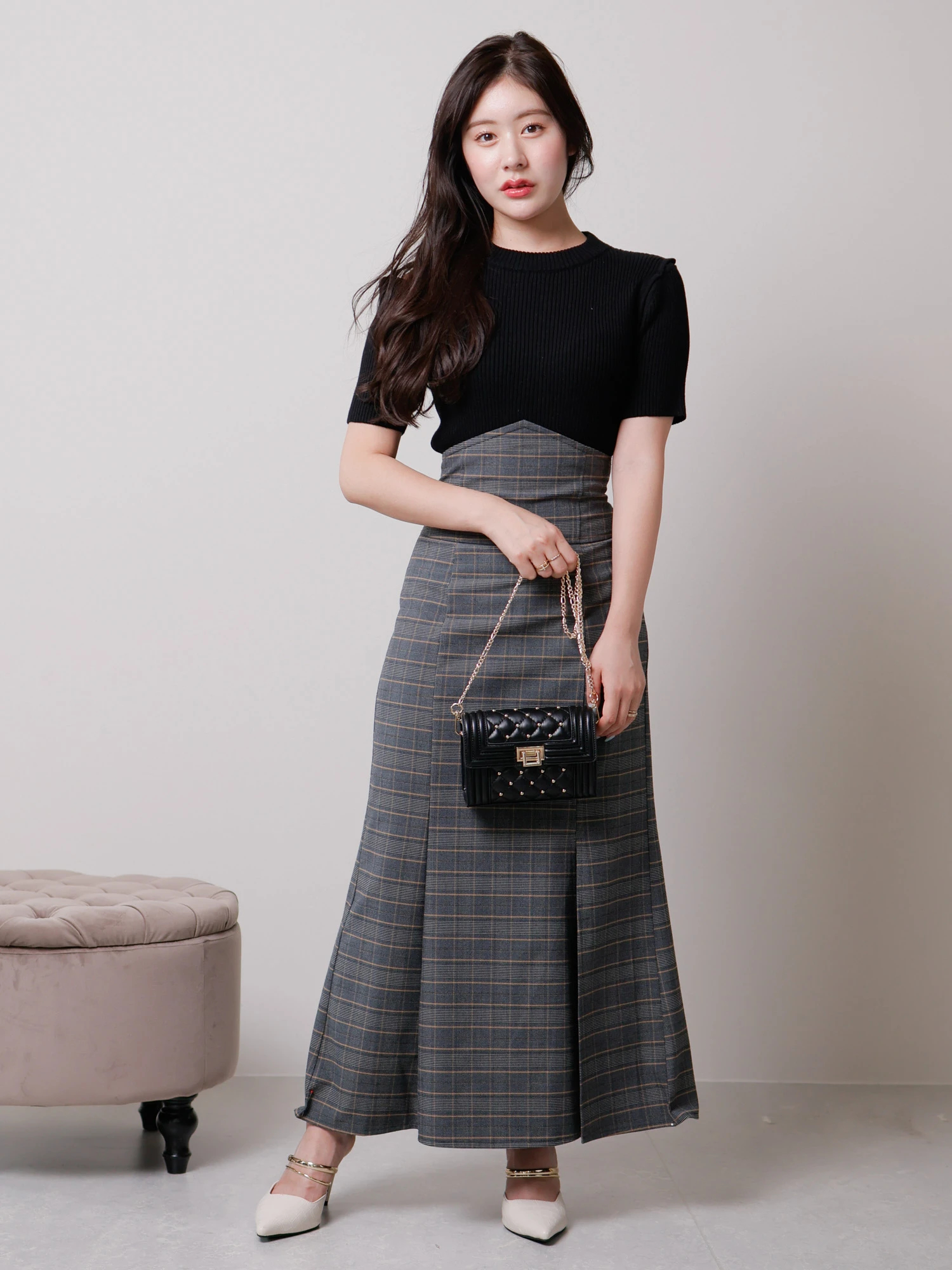 ESIO 幾何学模様 ジップアップ サイドリブ スナップ グレー ワンピース