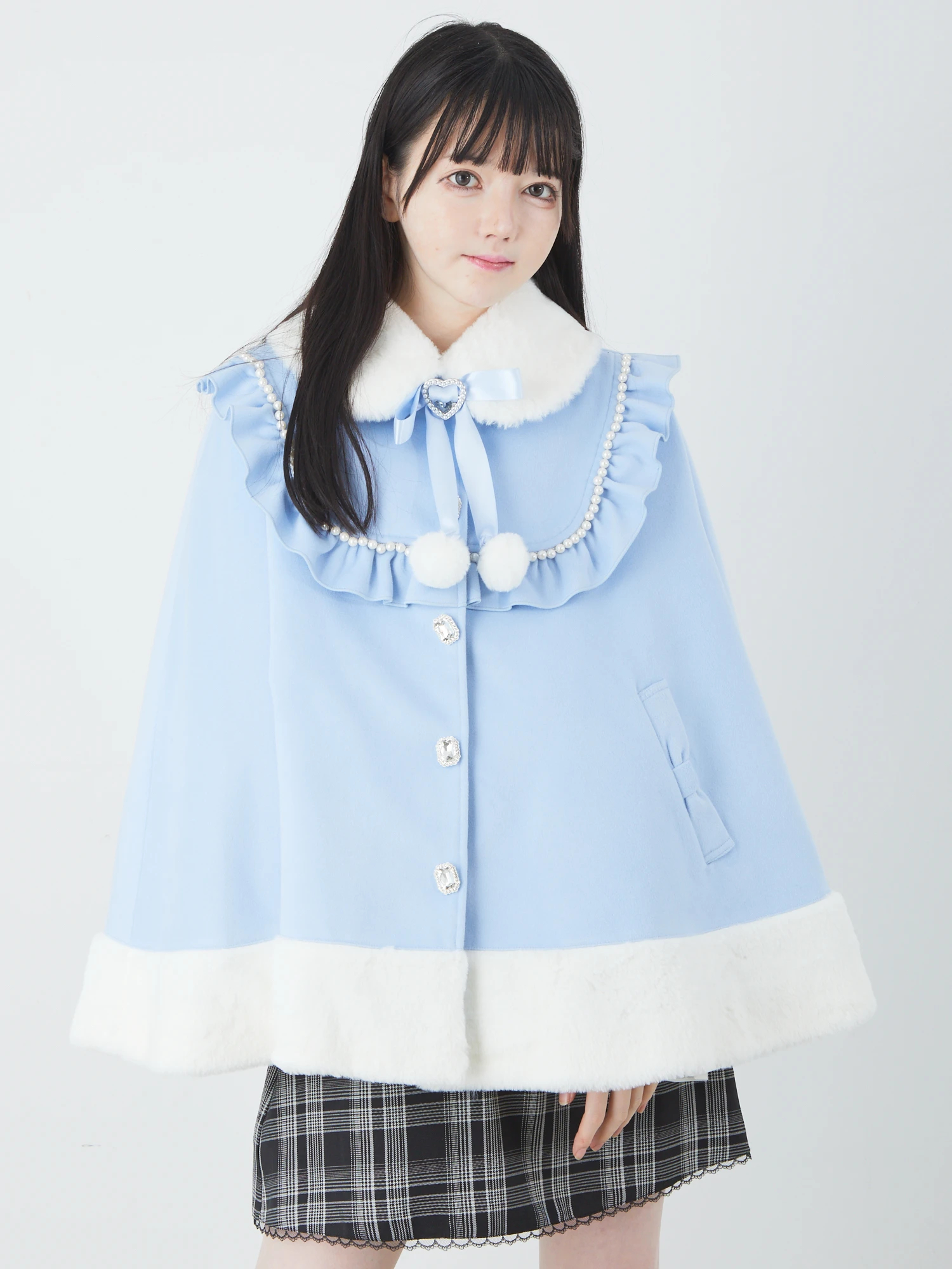 Ank Rouge リボン ポケット ケープ コート ポンチョ 水色