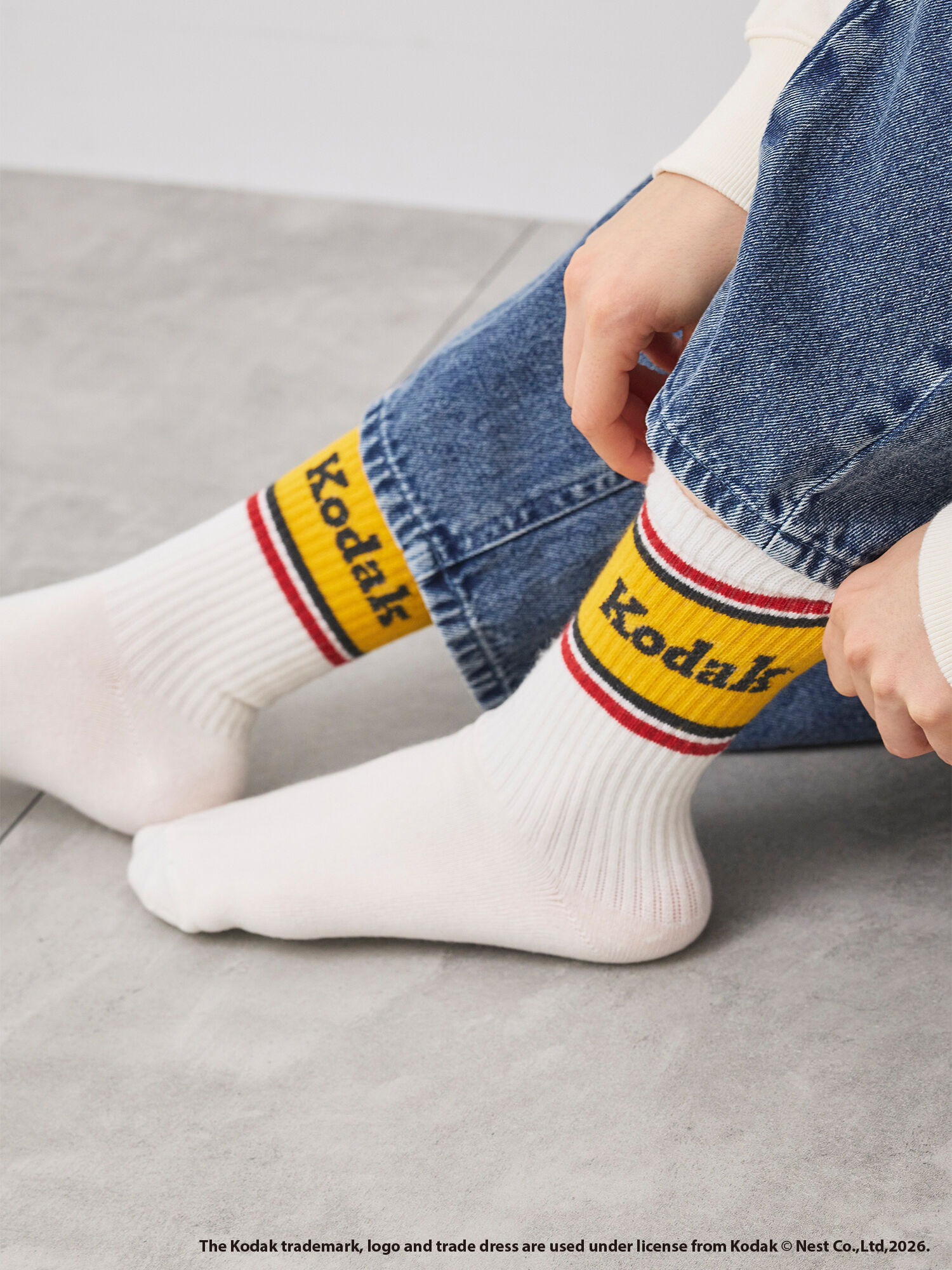KODAK】ラインロゴソックス（オフホワイト/チャコールグレー/レッグ