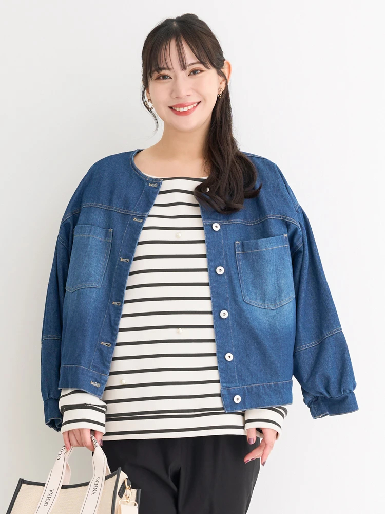 ノーカラーデニムジャケット（大きいサイズ・ぽっちゃり女子向け