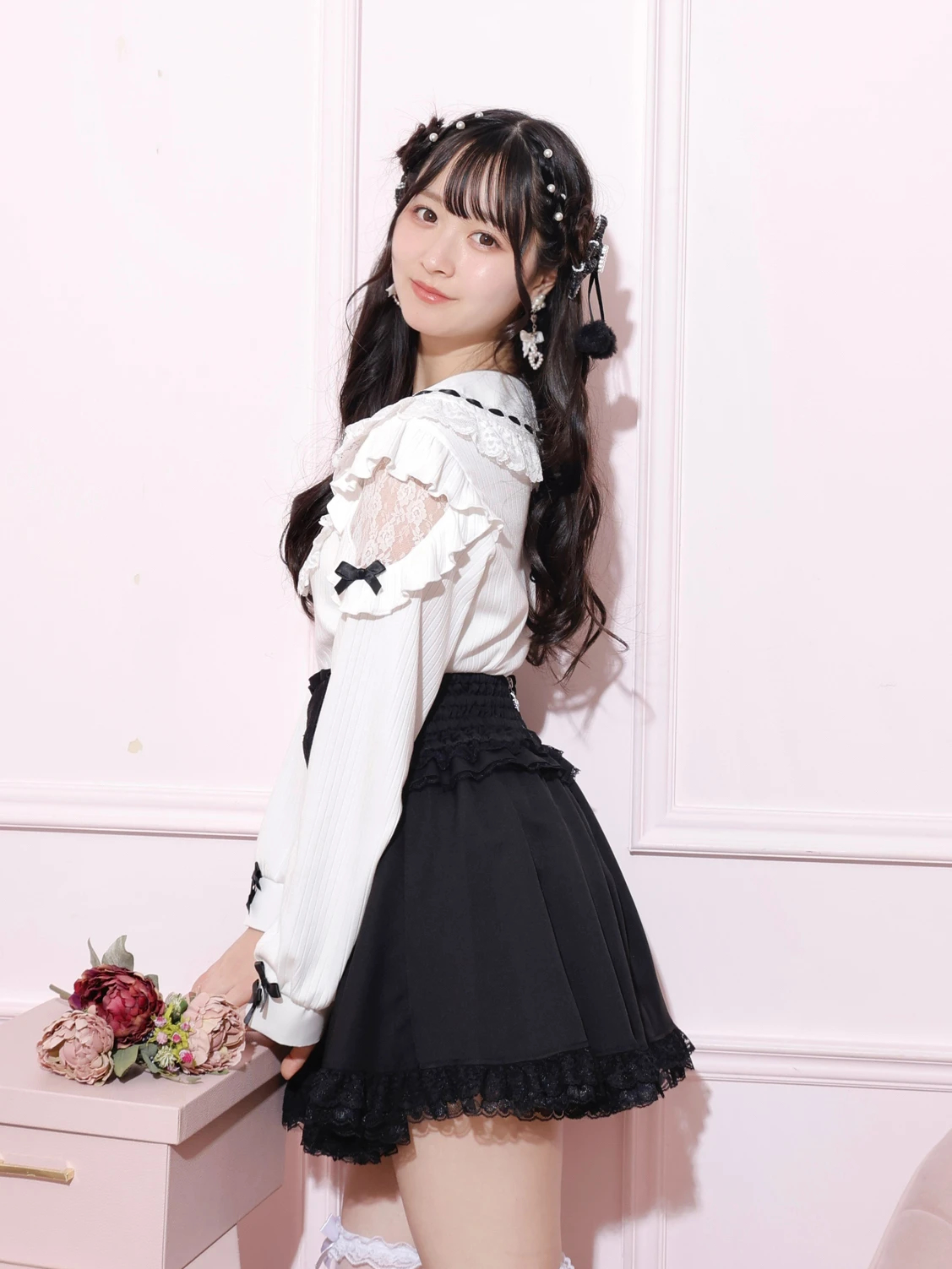 ドーリーリボンダブルスピンドルスカパン（ミニスカート｜ピンク・黒