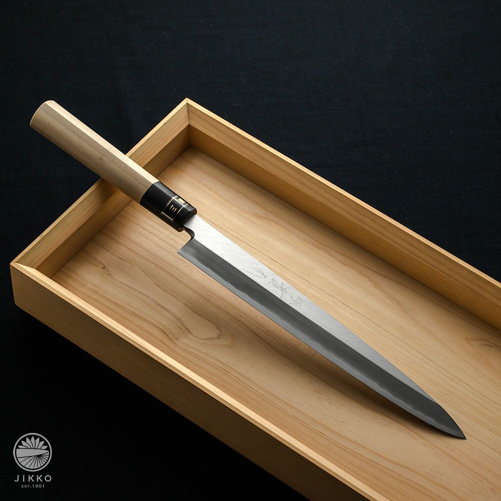先丸 柳刃 包丁 和包丁 V金10号 本焼 鏡面 鬼反り 尺二 黒檀黒水牛八角
