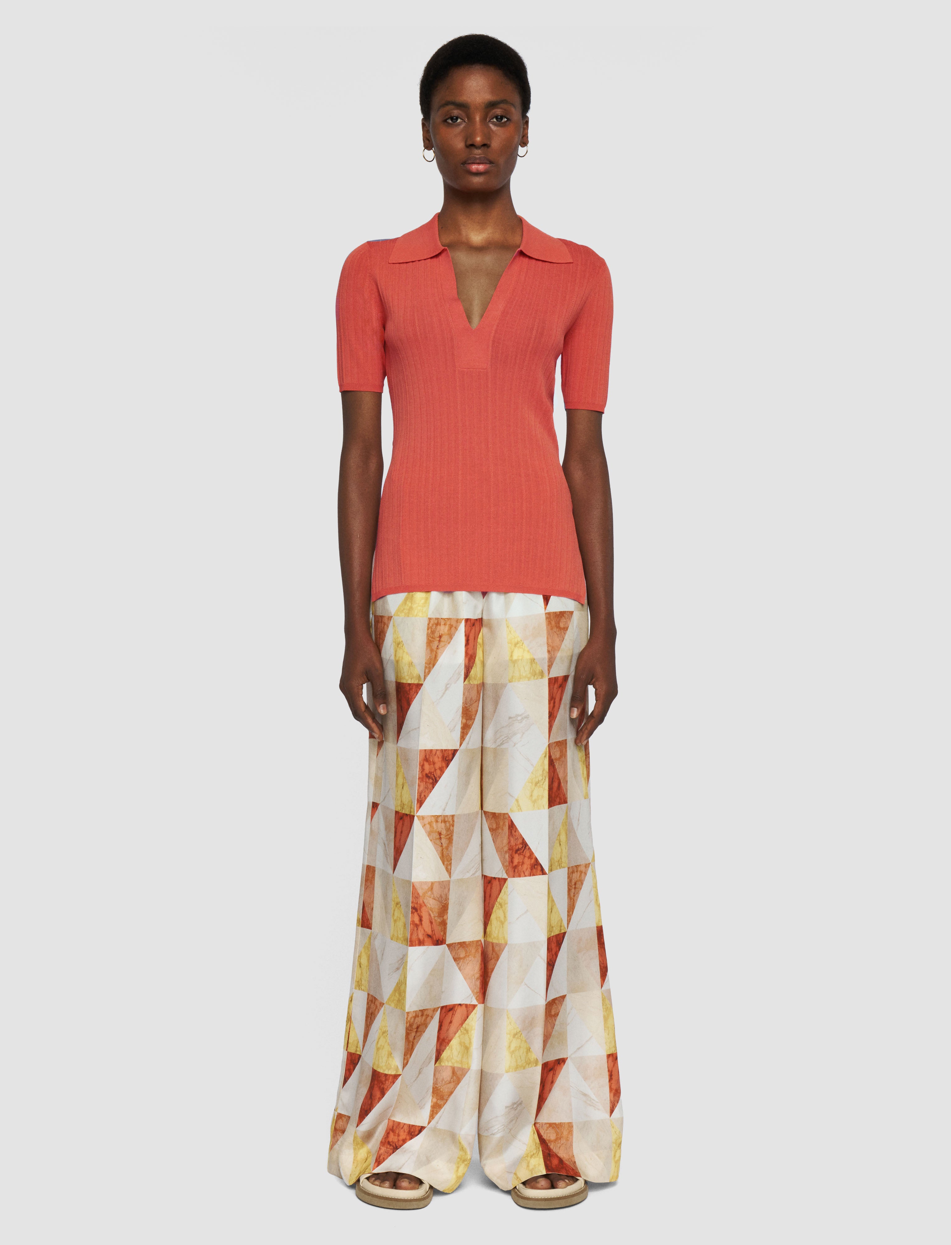 Viscose Rib Knit Polo Top in Orange | JOSEPH US