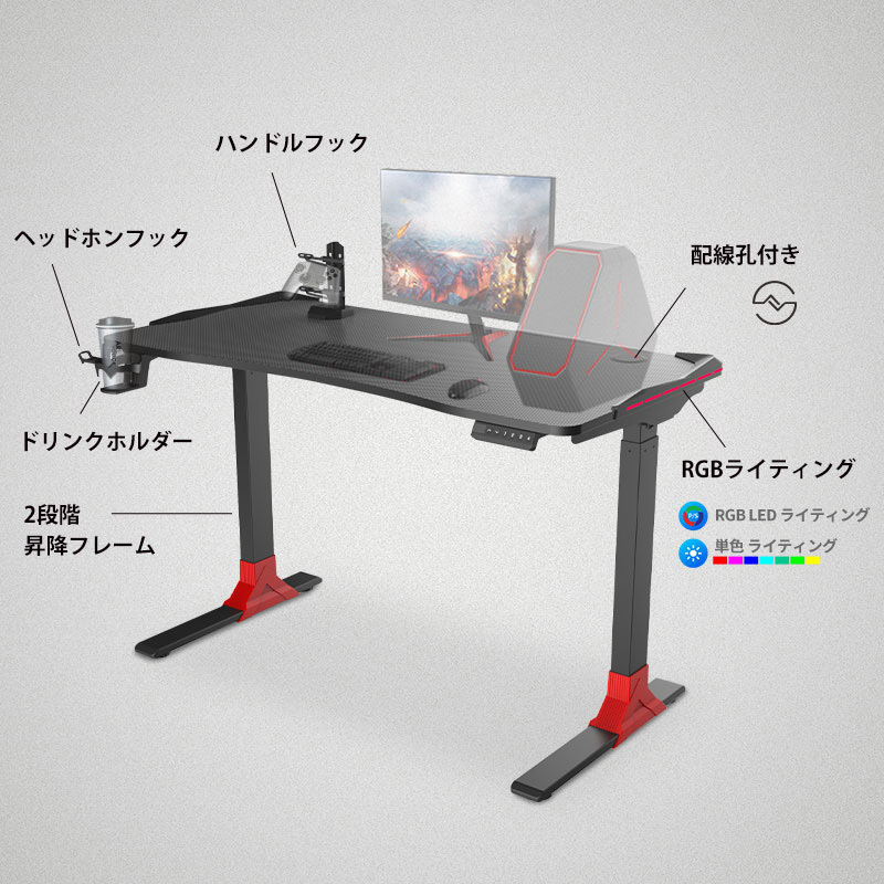 GT2DJA 電動昇降 ゲーミングデスク FlexiSpot ブラック 幅1200mm奥行