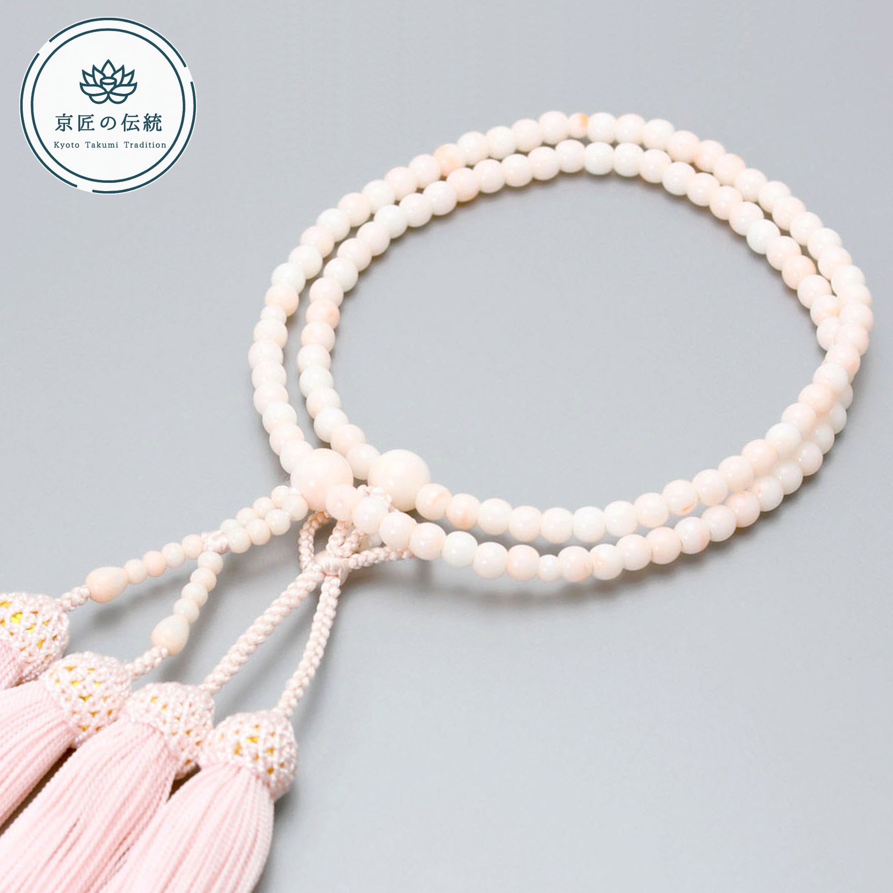 数珠 女性用 二連 京匠の伝統 ピンク珊瑚二輪 人絹頭房 浄土真宗 仏壇