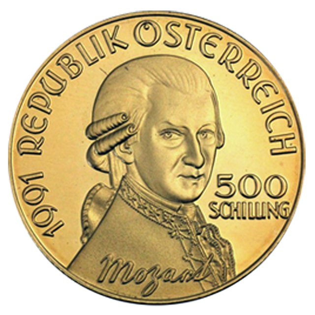 500シリング金貨 モーツァルト追悼200年記念 1991年を最高額相場で売る