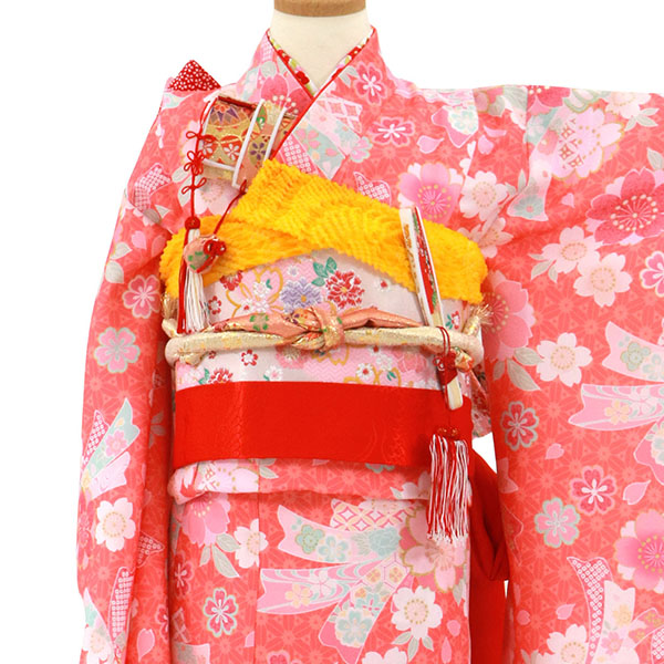 赤橙にピンクの桜と束ね熨斗の着物／七五三・七歳女の子 | 宅配着物