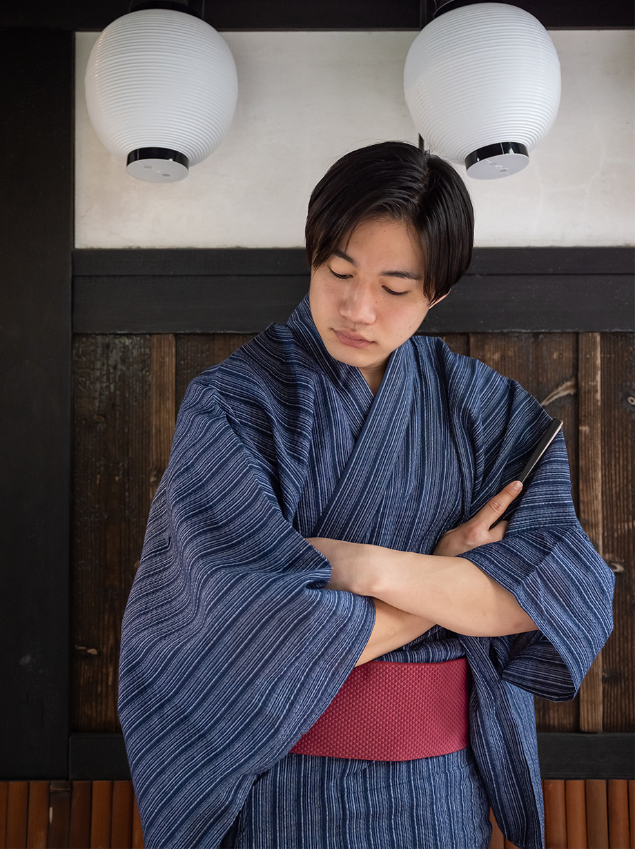 細縞×えんじ帯 LLサイズ（対応身長175～180）／メンズ浴衣 | 宅配着物