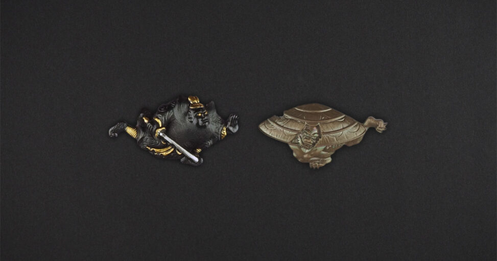 目貫 風神雷神図 金色絵 金具 留め具 武具 武装 日本刀 印籠 緒締め