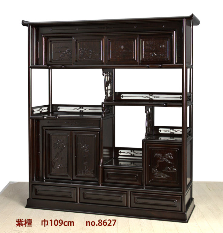 飾り棚: 紫檀 7枚戸 彫り入り 3.8尺棚 no.8627 / 唐木家具OSAKA