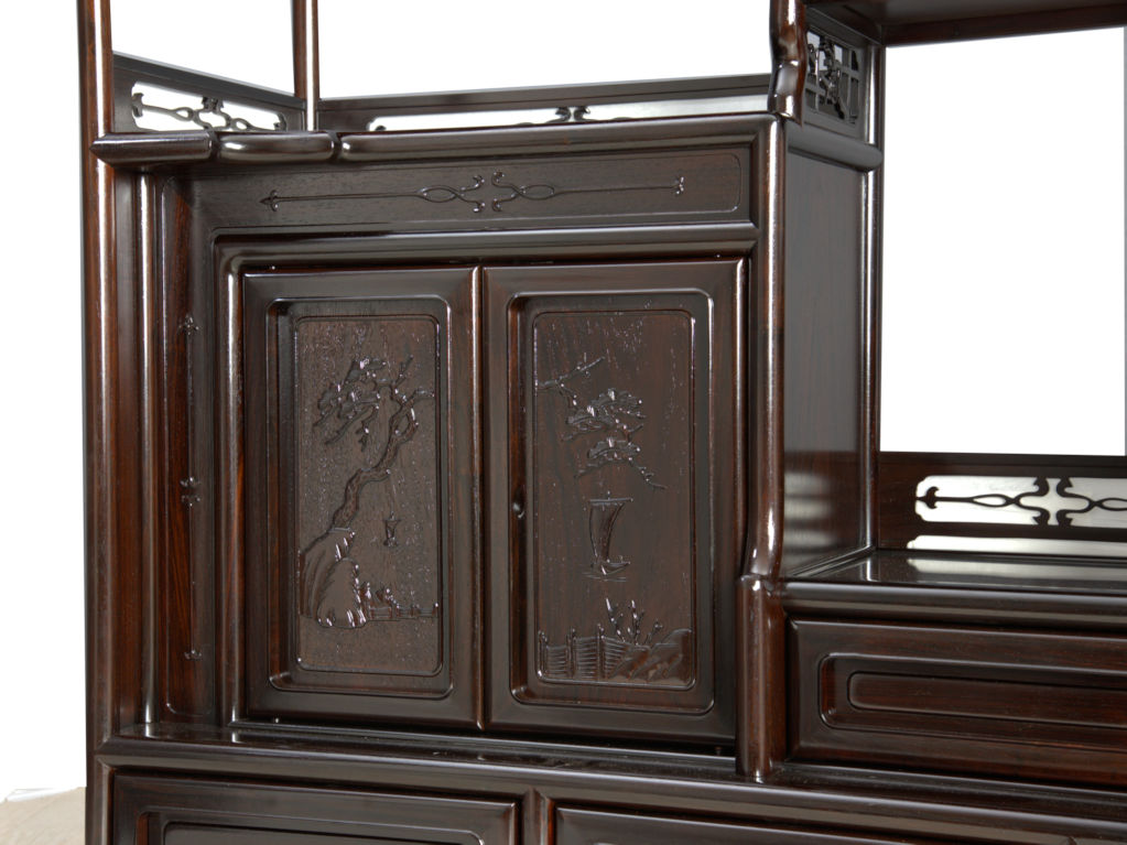 飾り棚: 紫檀 7枚戸 彫り入り 3.8尺棚 no.8627 / 唐木家具OSAKA