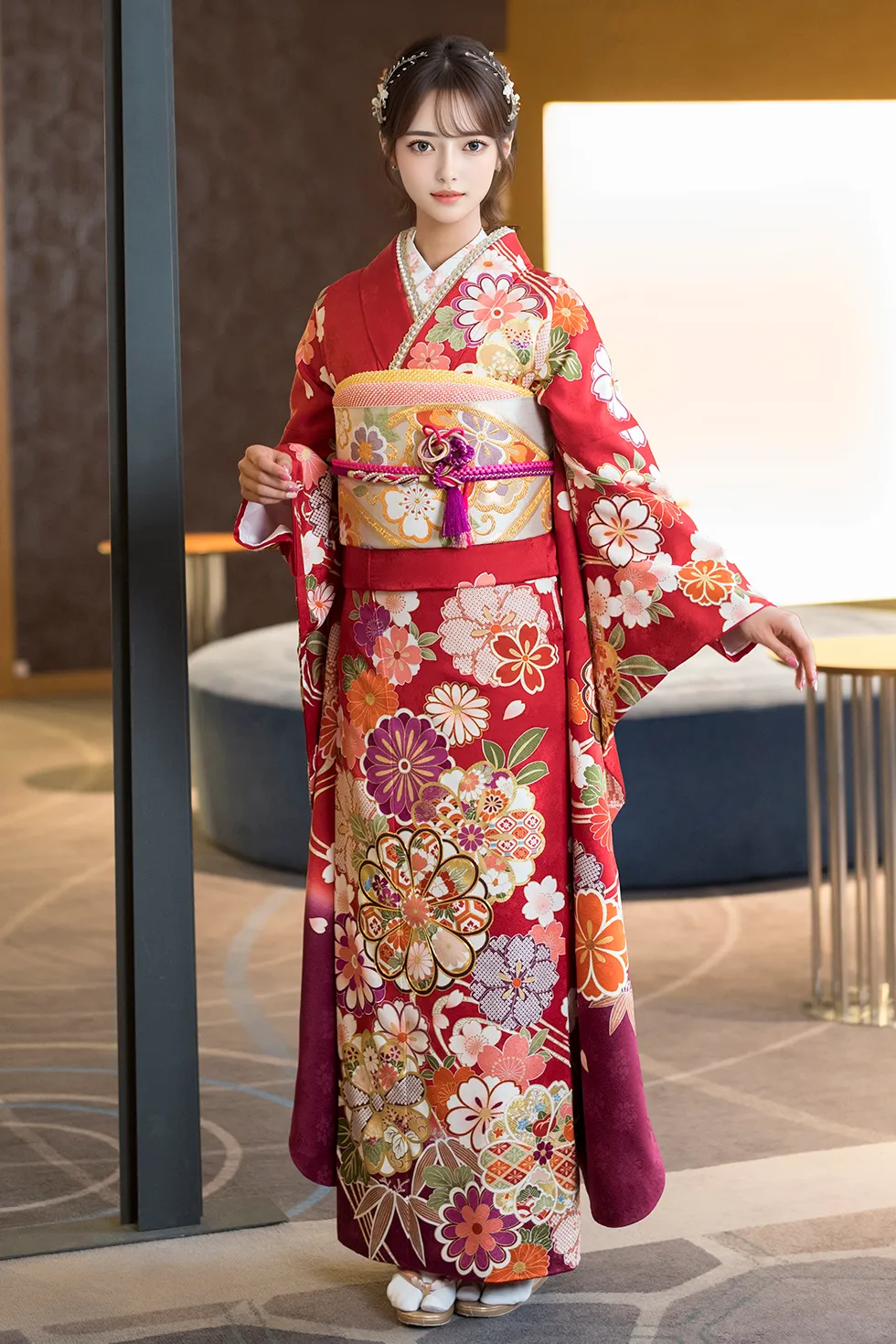 赤地菊に流水［FS0775］ – 袴・振袖レンタルのエイトグループ