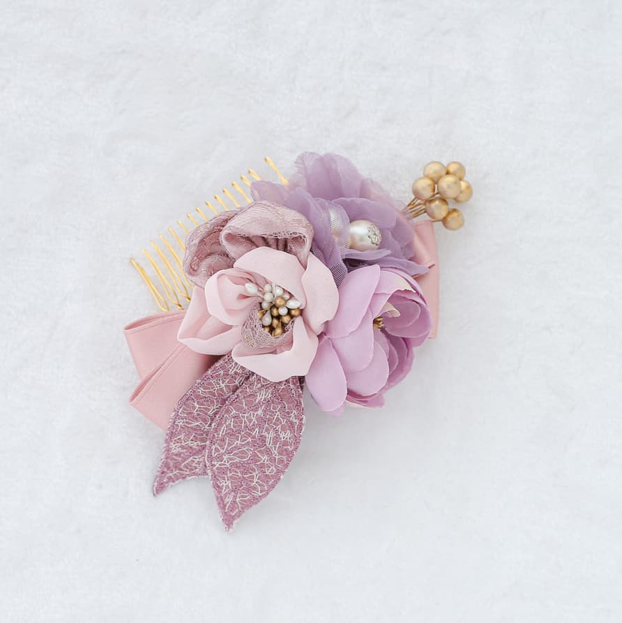 髪飾り販売：成人式・卒業式に！くすみピンクにパステルな紫の花が今っ
