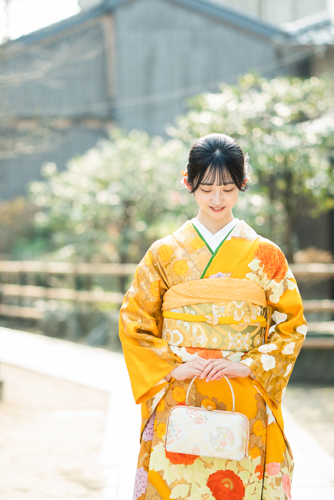 最高級の京友禅振袖レンタル】山吹色・四季の花・Lサイズ 品番sk-47