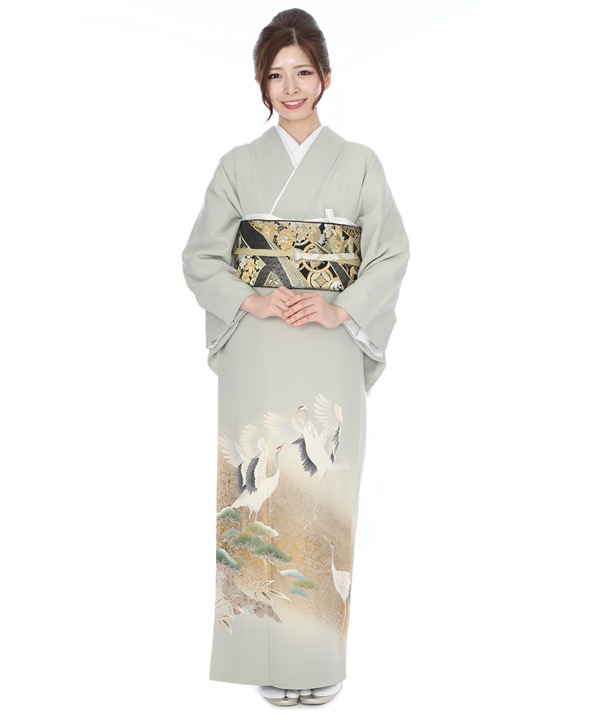 色留袖レンタル｜グレーに鶴と松｜I0004｜M｜宅配着物レンタル・一式