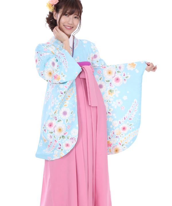 卒業式袴レンタル｜水色辻ヶ花二尺袖着物×ピンク無地袴｜S0051 F｜宅配