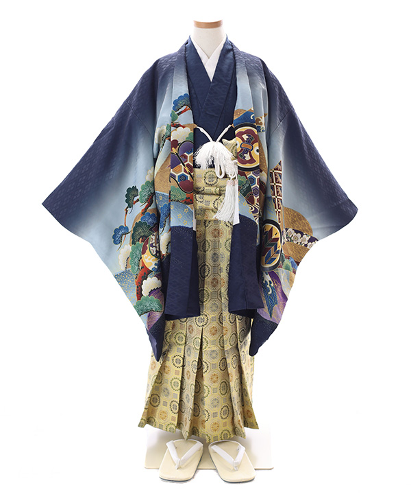 七五三(五歳男の子)着物レンタル｜兜柄羽織 紺着物×金袴｜W-B-5-67
