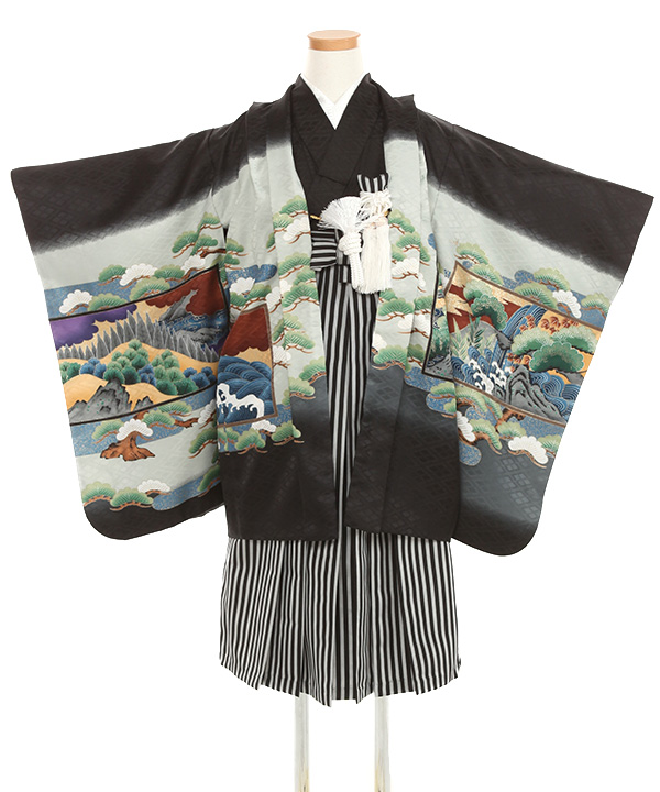 七五三(五歳男の子)着物レンタル｜鷹柄黒色羽織 黒着物×黒縞袴｜W-B-5