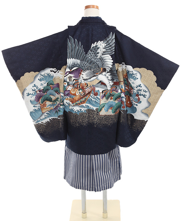 七五三(五歳男の子)着物レンタル｜鷹柄濃紺色羽織 紺着物×紺縞袴｜W-B