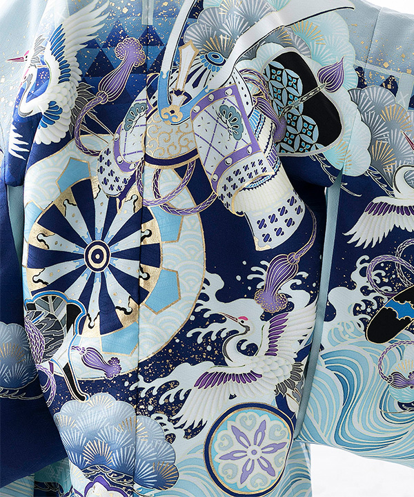 七五三(五歳男の子)着物レンタル｜【乙葉】兜に源氏車柄羽織 水色着物