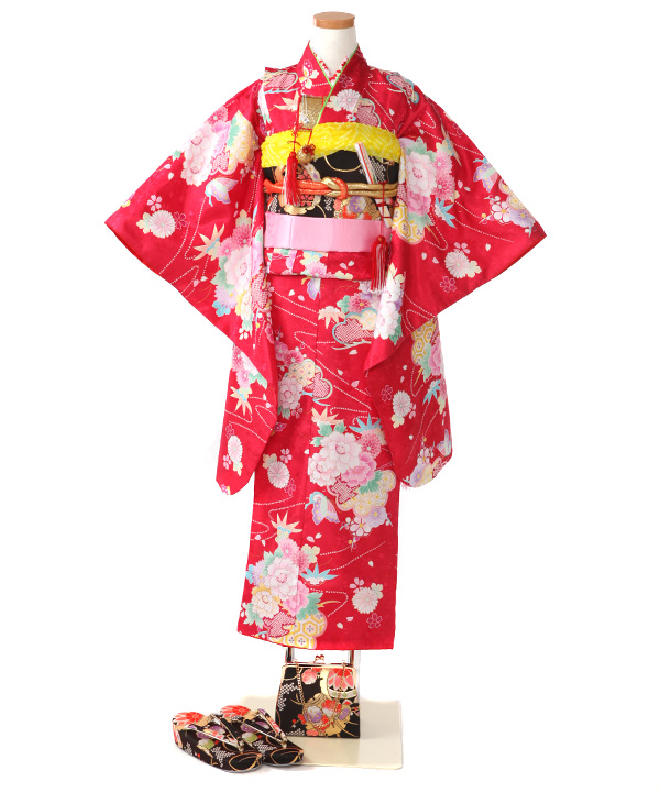 七五三(七歳女の子)着物レンタル｜ピンクに桜柄着物×赤作り帯｜W-G-7