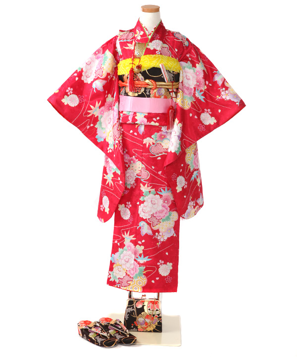 七五三(七歳女の子)着物レンタル｜赤に牡丹と蝶柄着物×黒作り帯｜W-G-7
