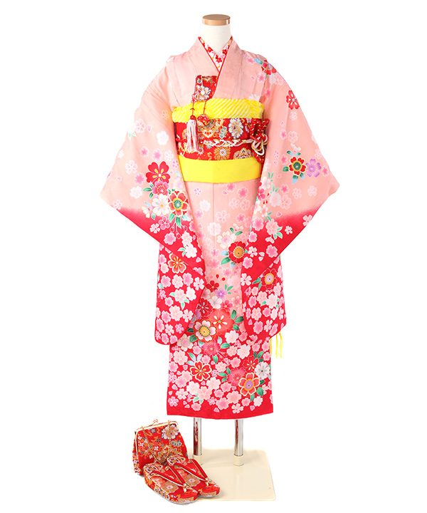 七五三(七歳女の子)着物レンタル｜ピンクに桜柄着物×赤作り帯｜W-G-7