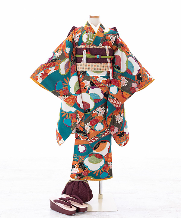 七五三(七歳女の子)着物レンタル｜緑に四季花々柄着物×葡萄茶色作り帯
