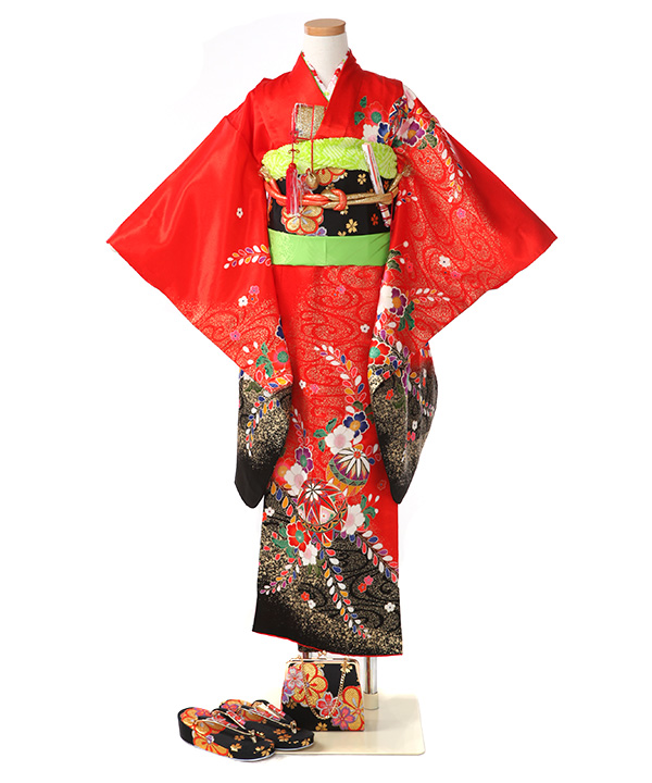 七五三(七歳女の子)着物レンタル｜赤に鞠柄着物×黒作り帯｜W-G-7-39
