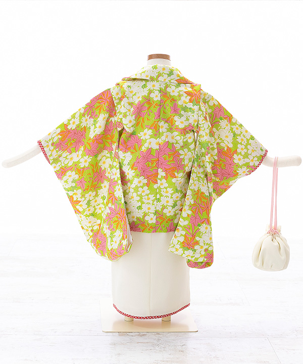 七五三(三歳女の子)着物レンタル｜【榛原】白着物×黄緑被布｜W-G-3-15