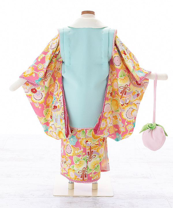 七五三(三歳女の子)着物レンタル｜【乙葉】ピンク着物×水色被布｜W-G-3