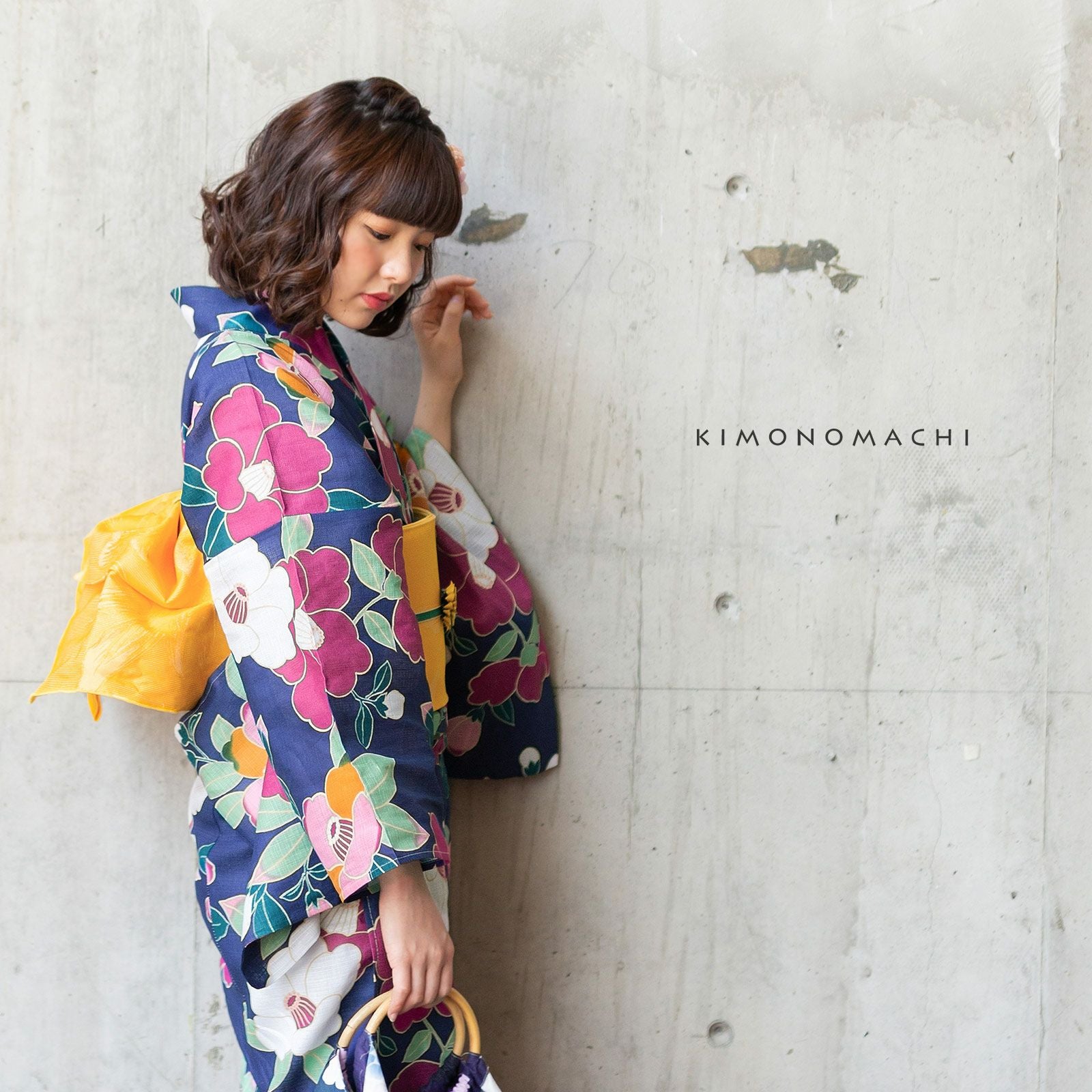 浴衣 レディース 単品 「椿 紺」 S F TL LL サイズ KIMONOMACHI 京都