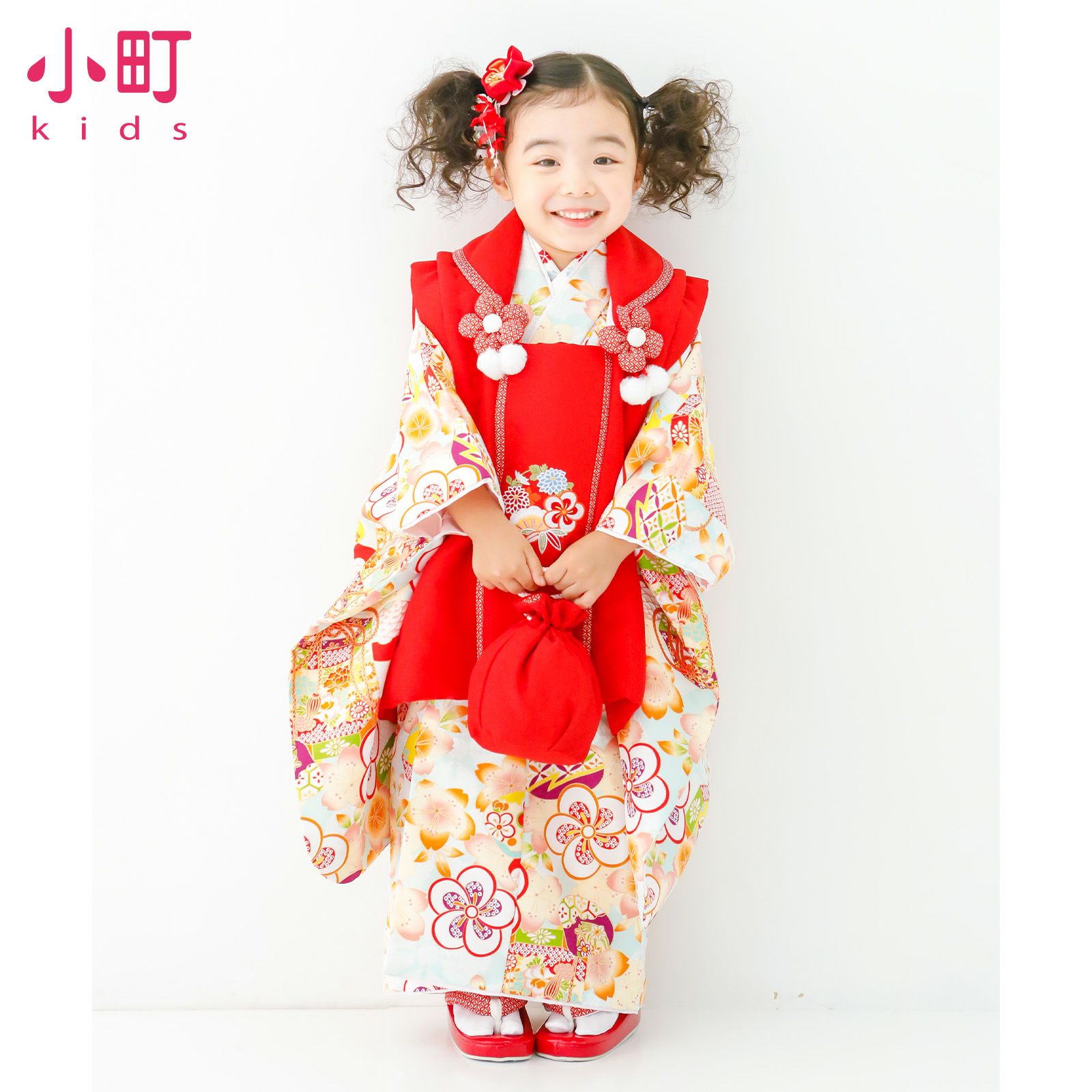 七五三 着物 3歳 女の子 ブランド被布セット 小町 「水色地 ねじ梅と貝