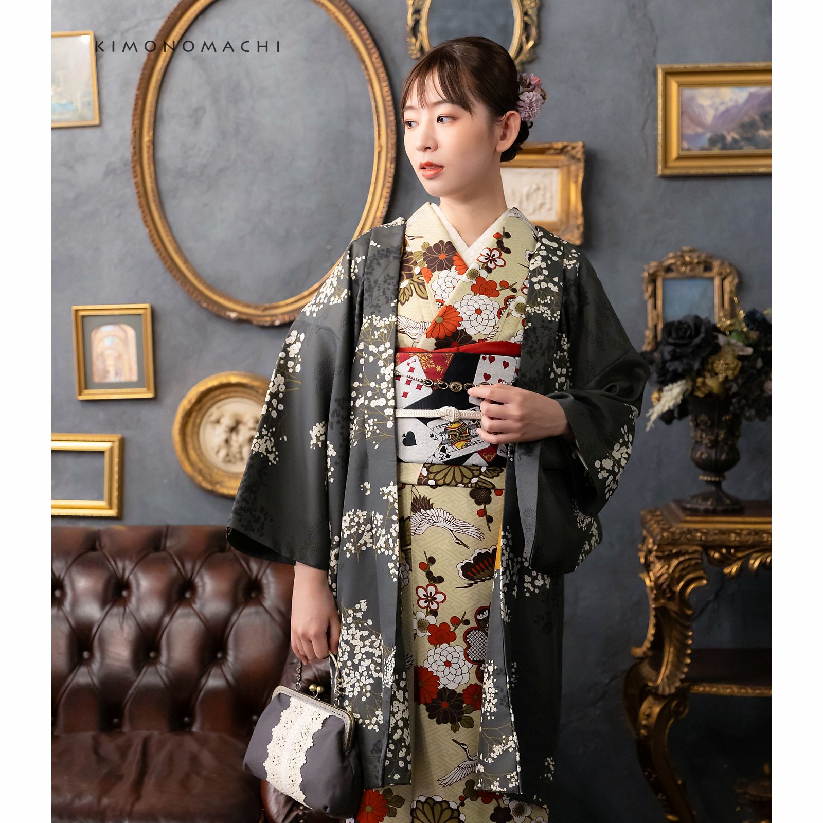 洗える着物 セット「袷着物：鶴と花紋に紗綾形鳥の子色＋京袋帯：黒