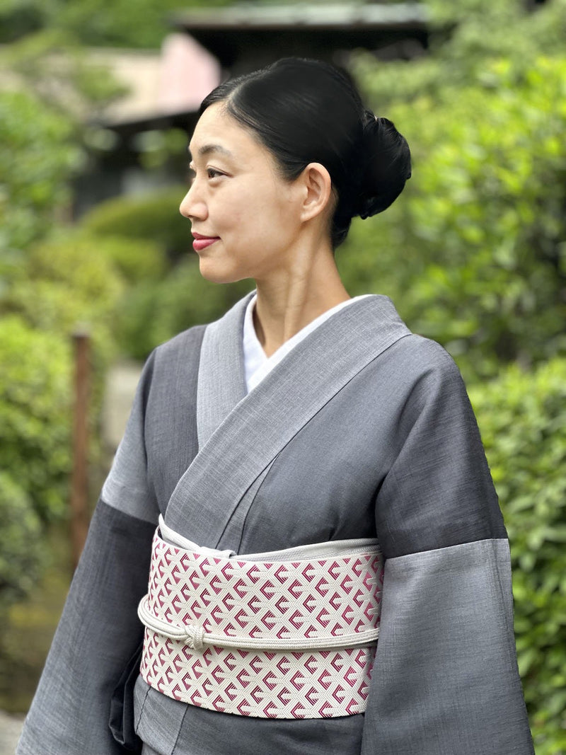 アゲ帯！博多織八寸名古屋帯 毘沙門亀甲 純白×ローズレッド [紅衣