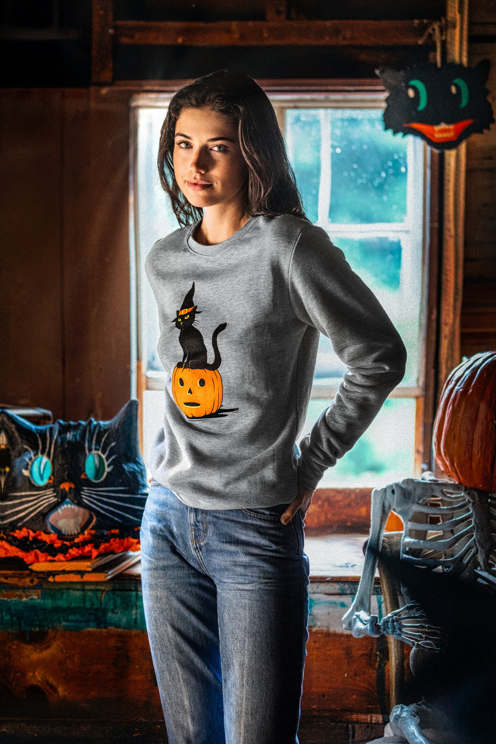 KJP Cat-O-Lantern Crewneck Halloween Sweatshirt in Heathered Grey