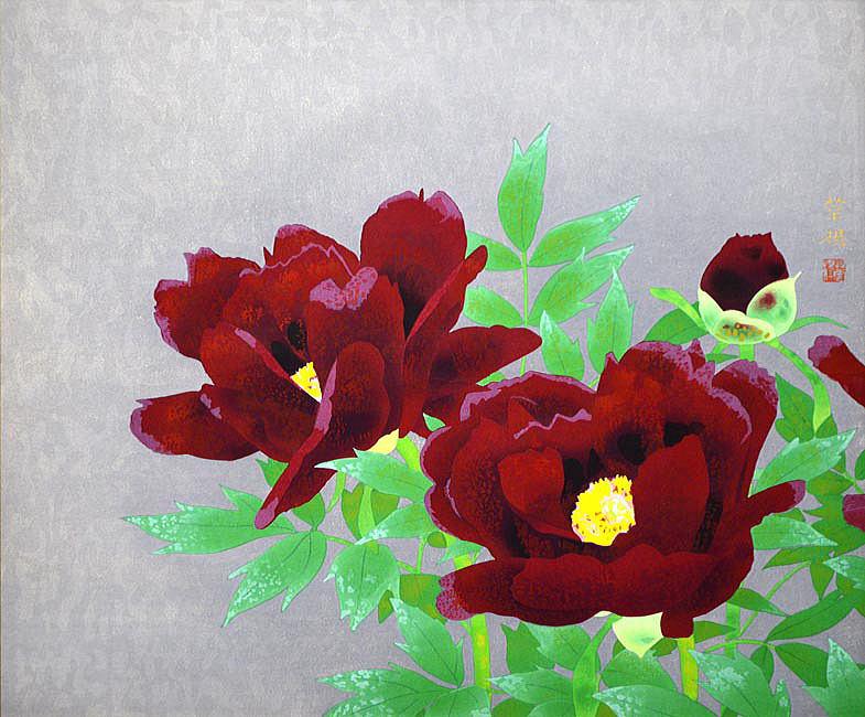 山口華楊「紅白牡丹」文化勲章巨匠額装北野美術館蔵手刷木版画