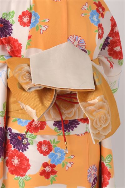 小紋［みかん色に花模様］｜着物レンタルあき (来店着付け無料・全国