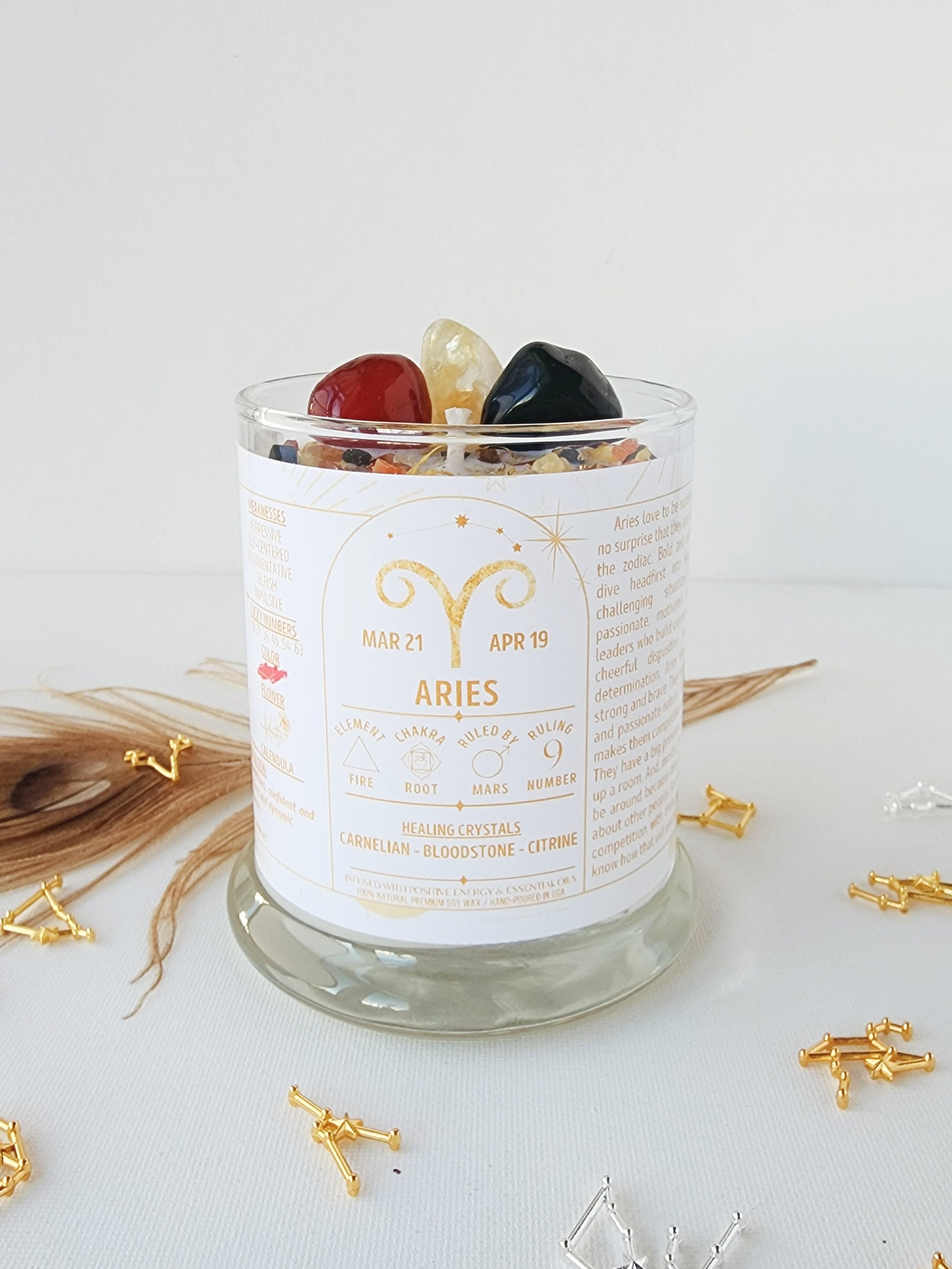 ARIES zodiac candle with healing crystals and constellation