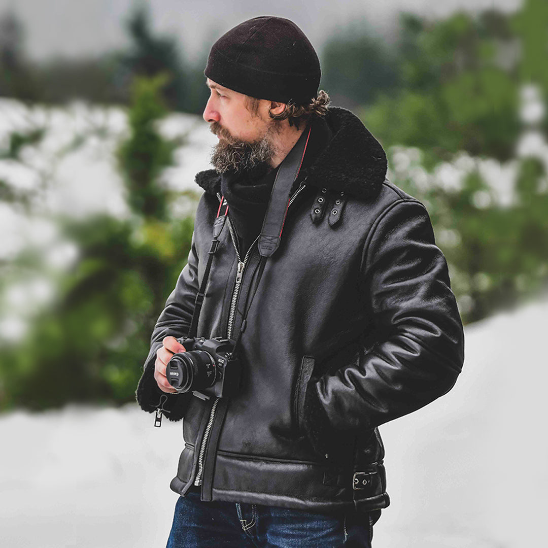 B3 BLACK SHEARLING LEATHER JACKET