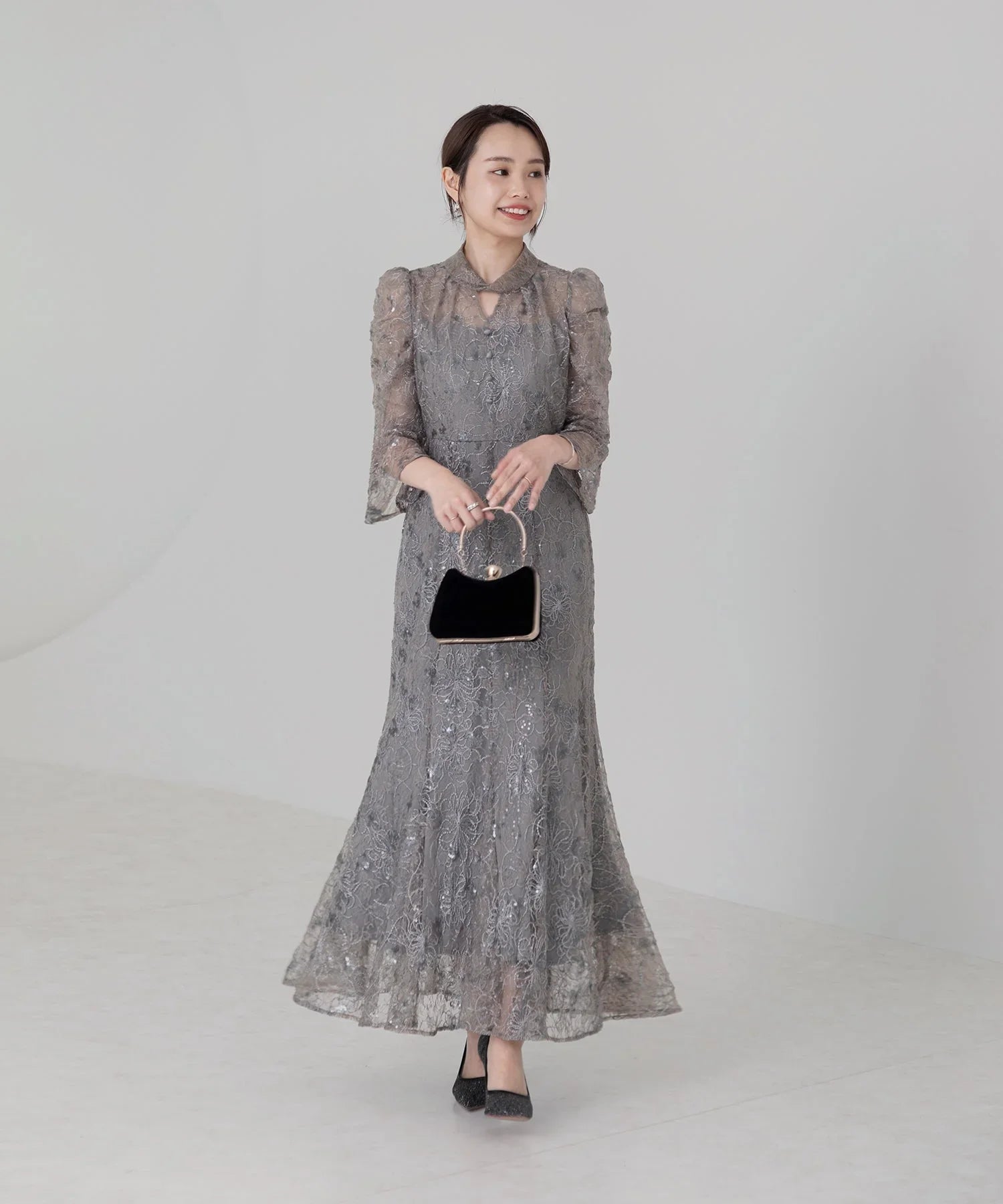 当日発送】スパンコール花柄パフスリーブマーメイドドレスパーティー