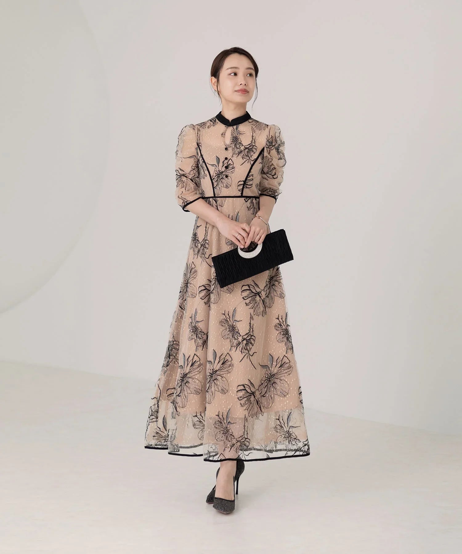 当日発送】パイピングハイネック花柄ラメレースドレス/パーティー