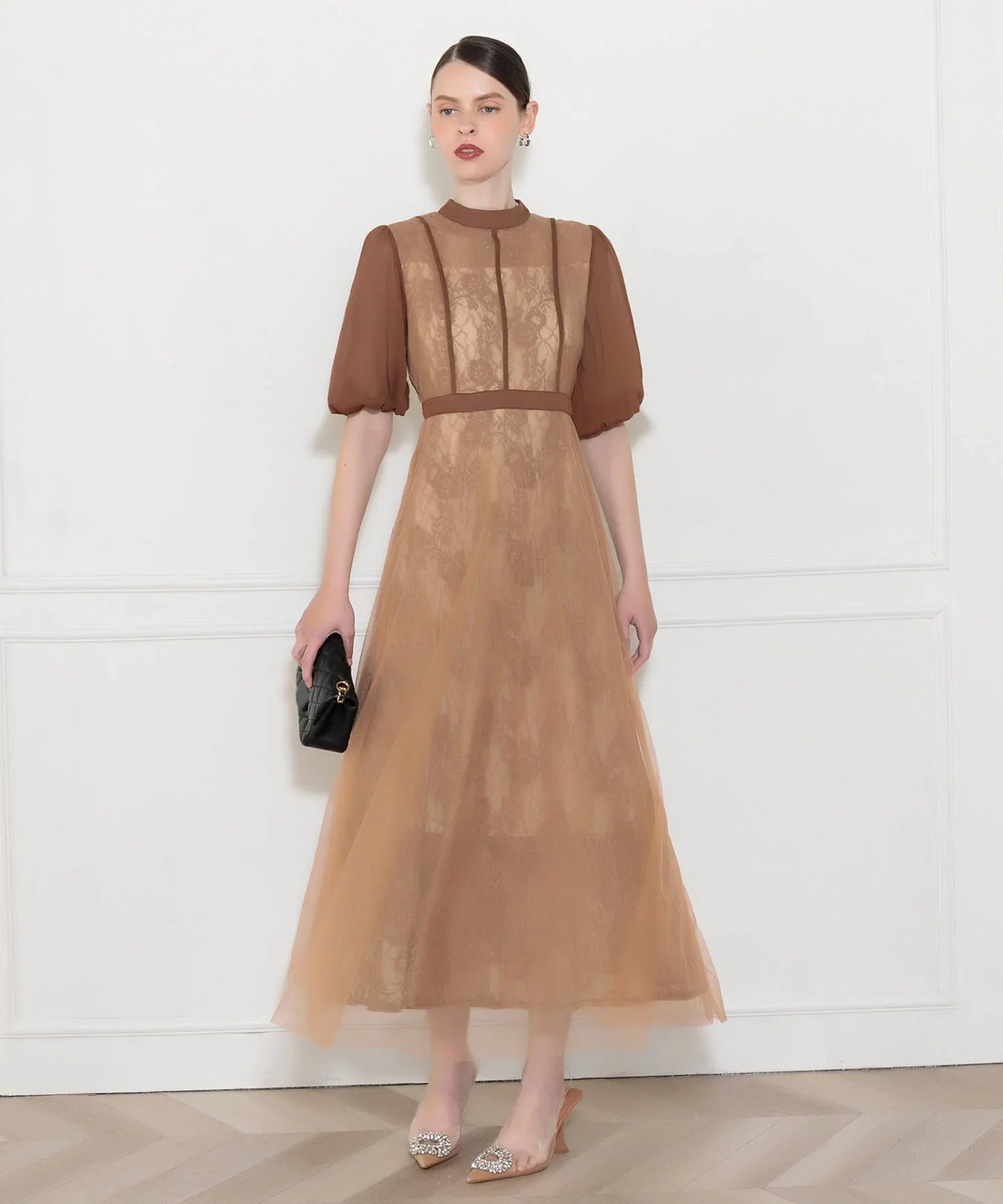 当日発送】ハイウエストチュールレースAラインドレス/パーティードレス