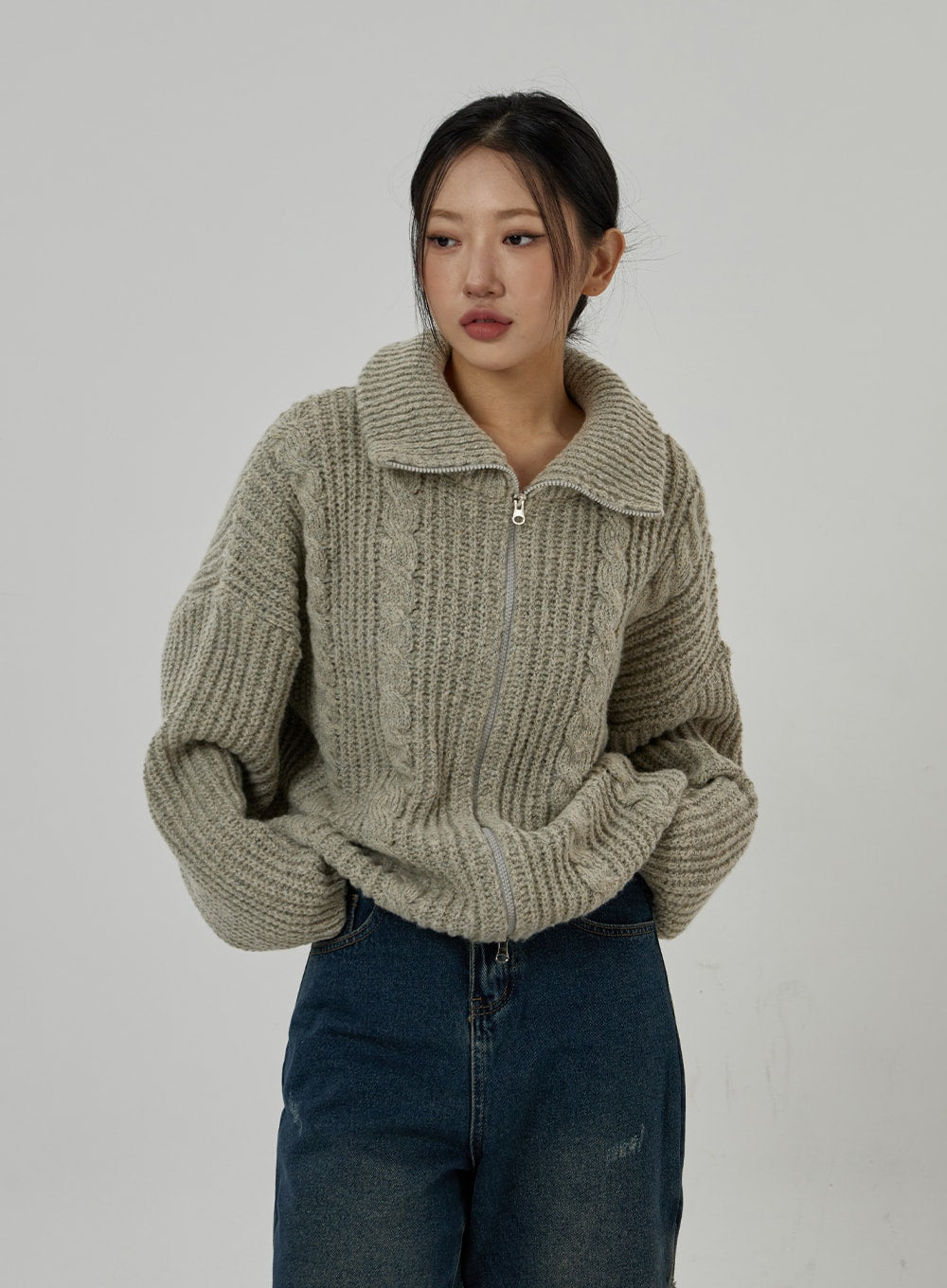 Twist Pattern Two Way Zipper Knit Cardigan CD20 - Korean Women's