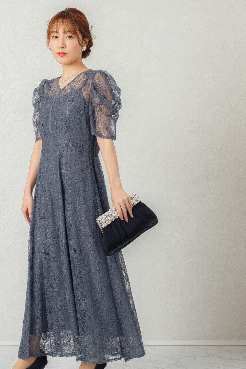 ダークカーキのパワショルレースドレス | select shop | M | 結婚式