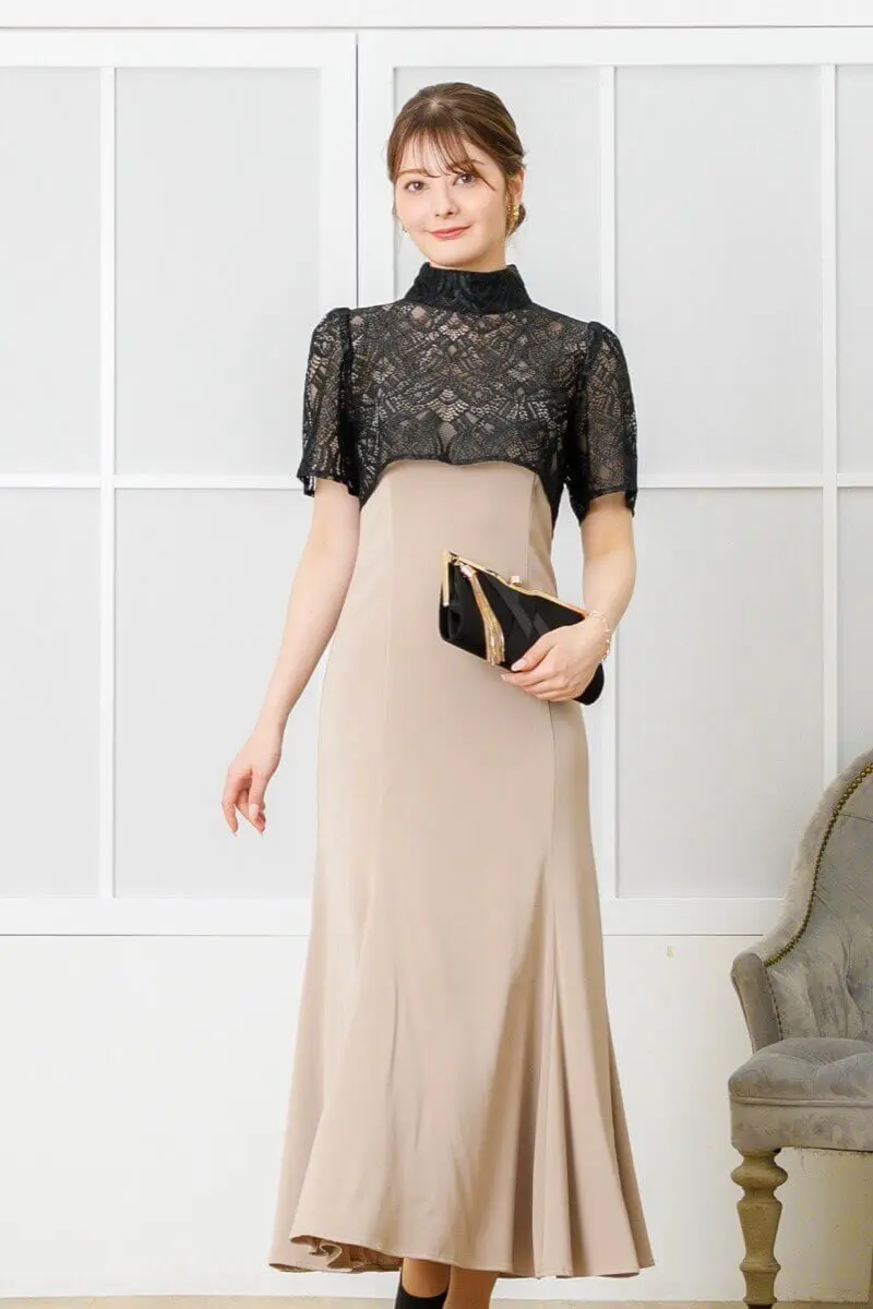 ベージュ×ブラックのレースボレロ付きマーメイドドレス | Dorry doll