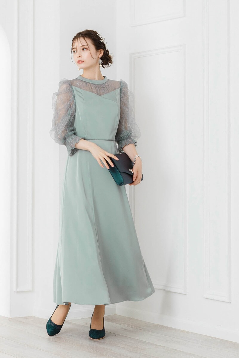 グリーンのダイヤチュール×サテンドレス | Dorry doll | M | 結婚式