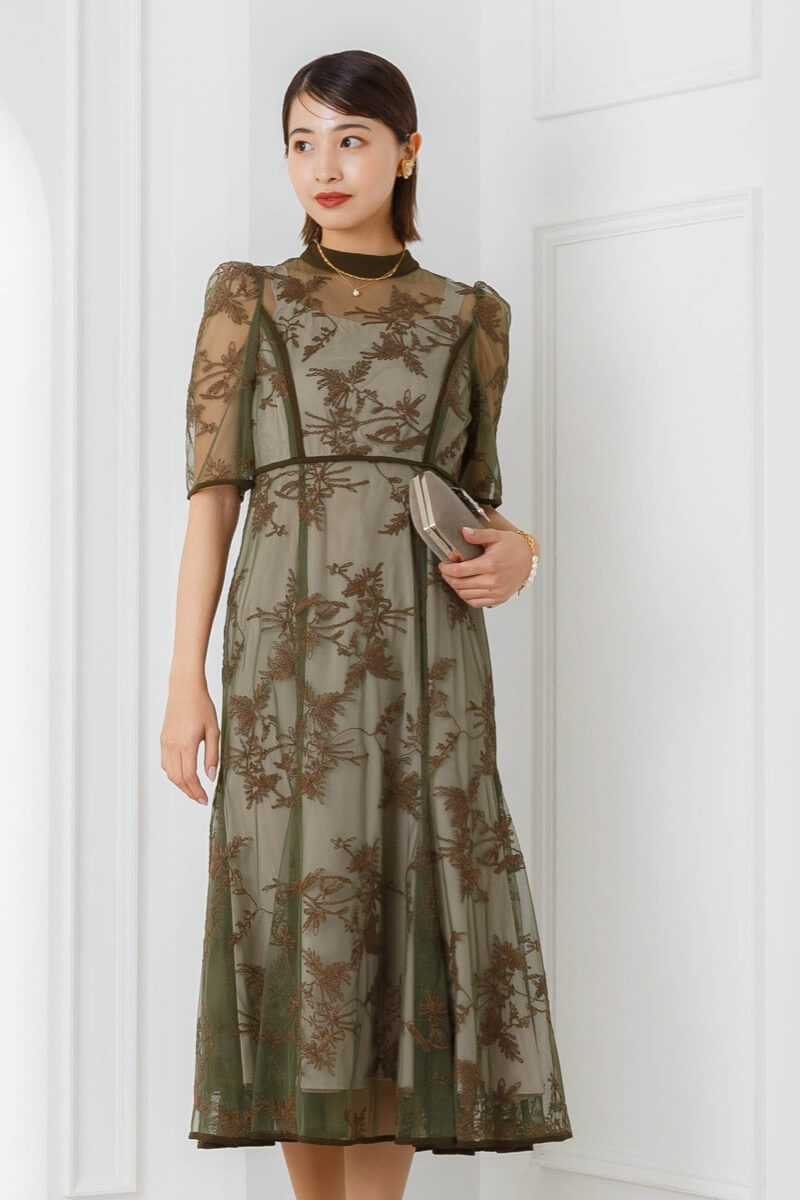グリーンのバイカラーエンブロイダリードレス | Dorry doll | M | 結婚