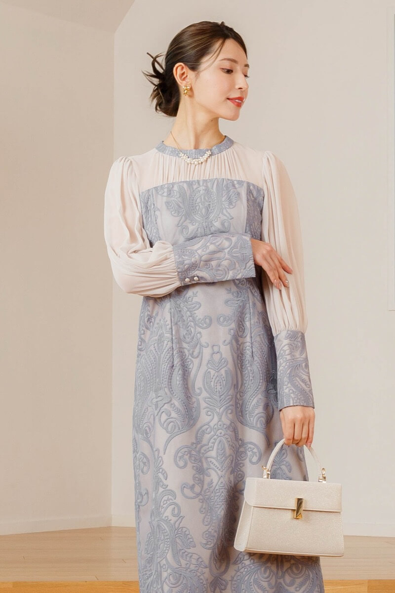 ブルーのダマスク柄レースドレス | ANDRESD | M | 結婚式パーティーの