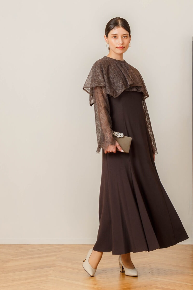 ブラウンのレイヤードケープドレス | ANDRESD | M | 結婚式パーティー